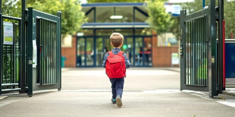 A young child walks towards school with a red backpack. The bright gates are open, welcoming the start of a new day. This image captures excitement and adventure in a safe environment. AI