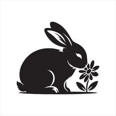 Fototapeta premium Bunny sniffing flower silhouette vector illustration clipart black color design and solid white background 