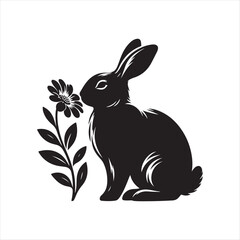Bunny sniffing flower silhouette vector illustration clipart black color design and solid white background 