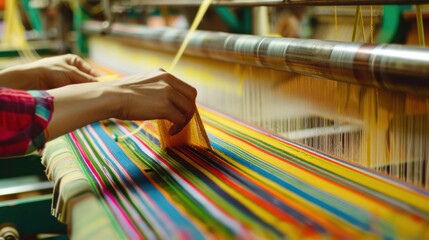A close-up of a textile factory worker operating a weaving loom in a busy production floor, with colorful threads and machinery in motion, Textile factory scene