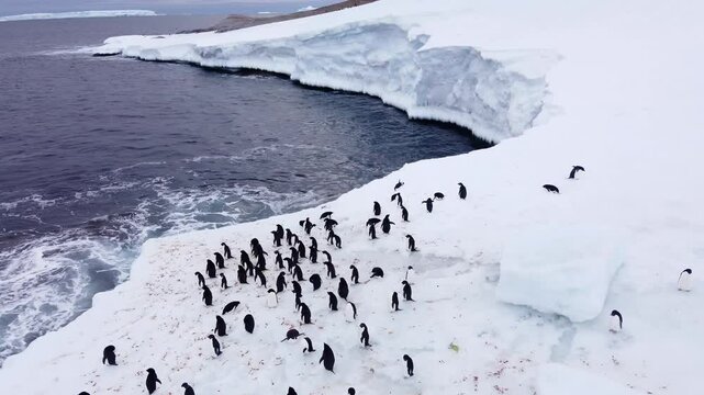 Penguin settlement on the Antarctic glacier. Protection of the Earth's ecology. Ice melting. Aerial shooting.