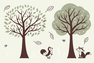 Minimalist tree illustrations, flat design, pastel color palette, geometric shapes, variety of tree species, stylized nature icons, simple vector graphics, cute forest elements, rounded shapes, abstra