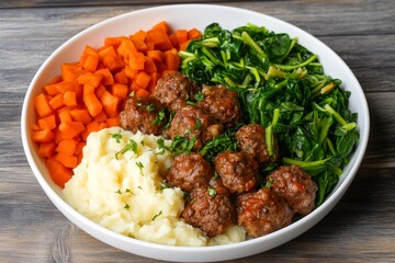 Healthy lunch plate featuring meatballs, steamed spinach, and carrots with creamy mashed potatoes served in a white bowl on a rustic wooden table