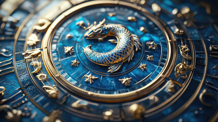 Obraz premium Pisces zodiac sign against horoscope wheel. Astrology calendar. Esoteric horoscope and fortune telling concept