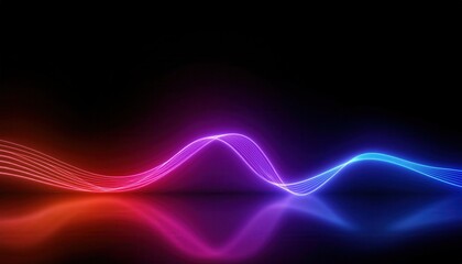 vibrant neon waveforms with gradient hues of blue and pink on a reflective black surface, ideal for modern tech or music visuals

