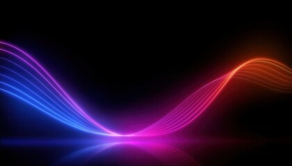 vibrant neon waveforms with gradient hues of blue and pink on a reflective black surface, ideal for modern tech or music visuals

