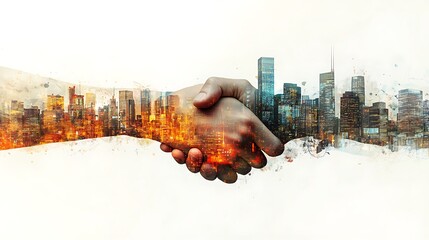 A double exposure of a handshake with city skylines in the background.