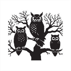 Owl family in a tree silhouette vector illustration clipart black color design and solid white background