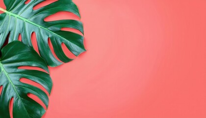 tropical monstera leaf on coral pink background, minimalist botanical composition for design and branding visuals

