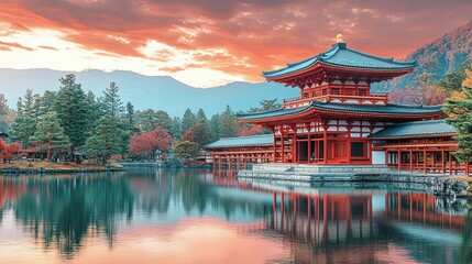 Fototapeta premium Serene Temple Reflection at Sunrise in Japan's Autumnal Landscape
