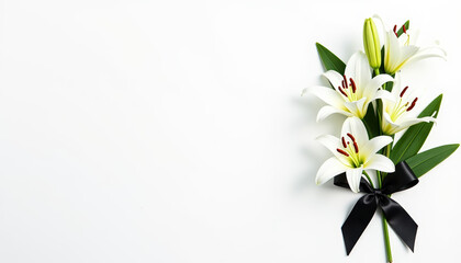 A refined banner design highlighting white lilies and a black ribbon, offering a respectful space for text in memory of the departed during a service.