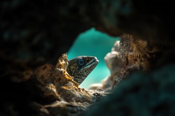 Vivid DSLR closeup capturing alert zebra moray eel in rock hole