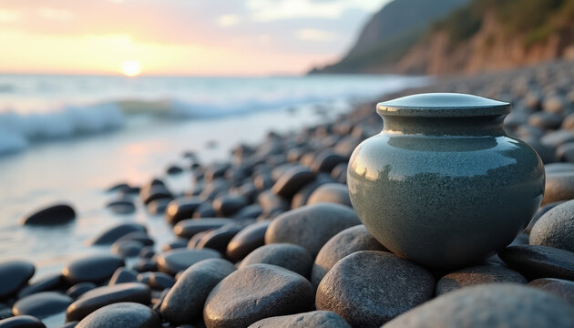 A close-up of a beautifully designed cremation urn on smooth stones near the water, representing tranquility and memory of the deceased.