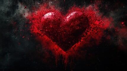 Exploding red heart, dark background, abstract art, love concept
