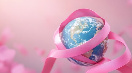 World awareness image with pink ribbon wrapped around the globe for breast cancer support