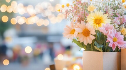 Vibrant Spring Outdoor Market with Colorful Handmade Crafts and Flowers Under Fairy Lights