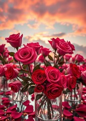 Pink and red roses on mirrored displays with golden accents and petals valentines love heart valentine vector romantic day holiday