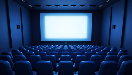 Fototapeta premium Empty cinema hall with blue lighting and blank screen for movie and entertainment concept