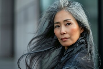 Portrait of a confident mature asian woman showcasing her stylish gray hair blowing in the wind