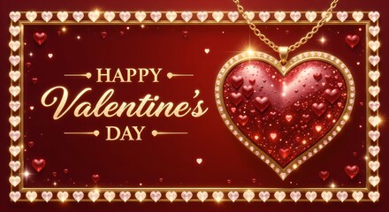 Banner with a pendant in the shape of a red heart. Valentine s Day gift. A beautiful decoration. Expensive necklace. Framed with sparkling stones. Red background.