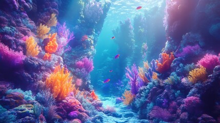 Obraz premium Vibrant Underwater Coral Reef Scene with Colorful Fish and Light Rays