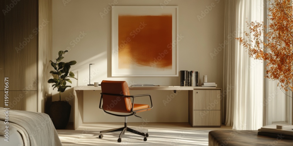 Poster stylish modern home office featuring a warm color palette. the space includes a sleek desk and a com