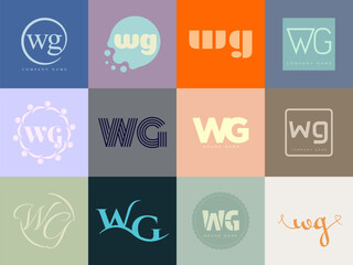 WG logo company template. Letter w and g logotype. Set different classic serif lettering and modern bold text with design elements. Initial font typography.