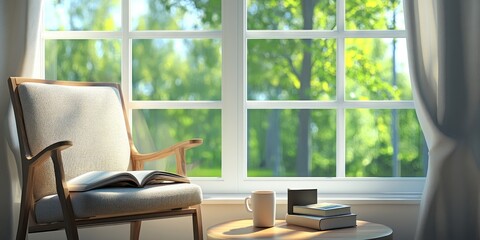 Fototapeta premium Cozy Reading Nook with Sunlit Garden View - Perfect for Relaxation and Leisure Activities