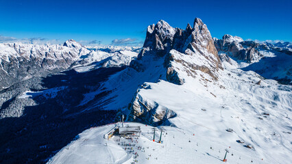 Seceda on the Val Gardena resort presents an awe-inspiring winter spectacle, captured from the air...