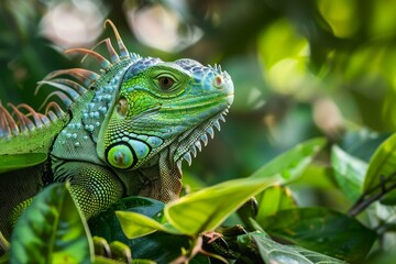 Obraz premium Striking green iguana perched amidst vibrant tropical leaves, showcasing its vivid colors and intricate scales