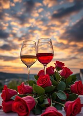 Pair of wine glasses and bouquet of roses dinner date night concept valentines love heart valentine vector romantic day holiday