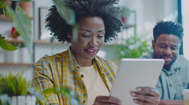 A woman with curly hair is looking at a tablet