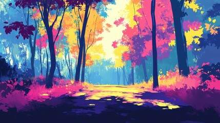 Vibrant Autumn Forest Path Scene Landscape Painting