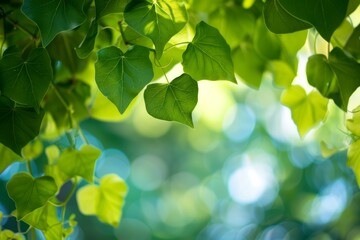 Lush green leaves form a vibrant natural frame against a soft, blurred background, capturing the essence of nature's beauty