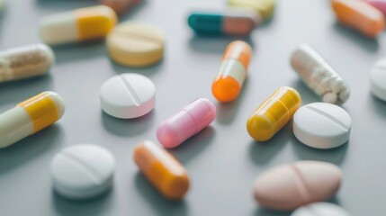 closeup of colorful assorted pills and capsules scattered on a plain surface in soft focus with minimal copyspace concept of healthcare pharmacy medicine