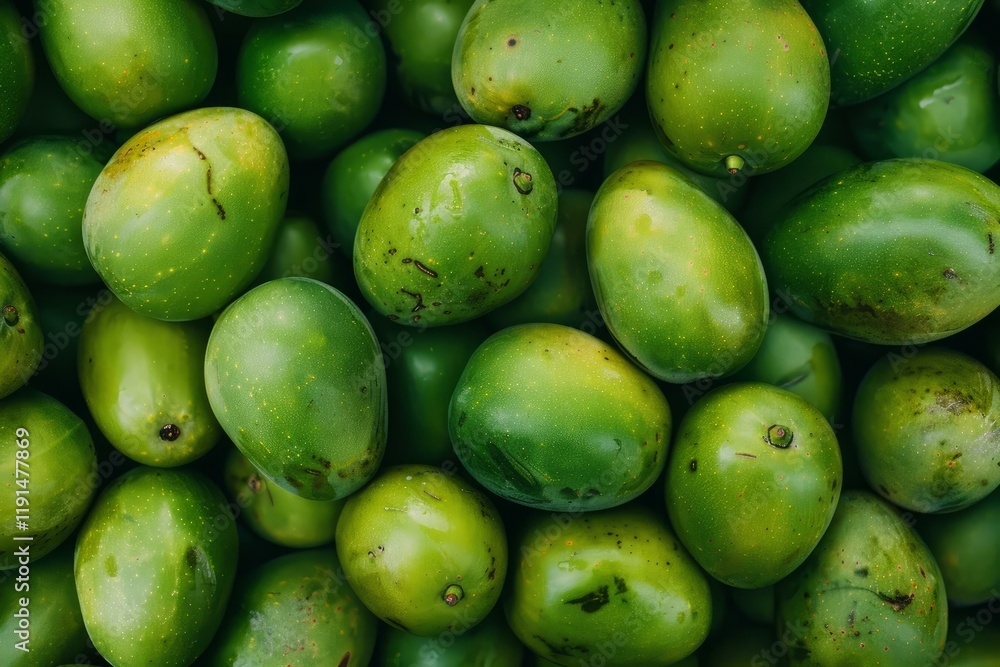 Poster close up view of numerous green mangoes creating a textured and colorful display