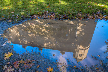 A historic building and the blue sky are reflected in a puddle, colorful autumn leaves lie on the ground