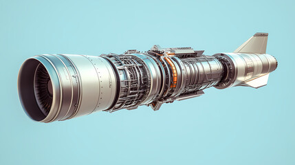 A detailed view of a modern jet engine showcasing advanced technology and sleek design against a soft blue background. Starstream. Illustration