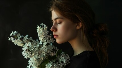 A woman is holding a bouquet of white flowers and looking at the camera