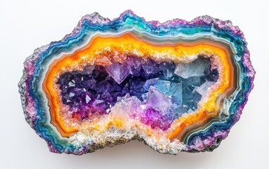 A colorful geode half showcasing vibrant crystals inside on a bright white canvas