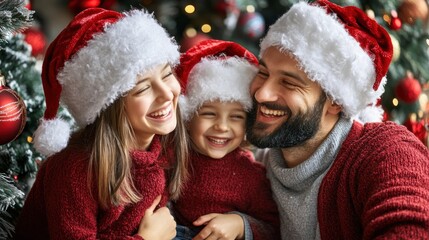 Happy family Christmas portrait, home, festive background, holiday card
