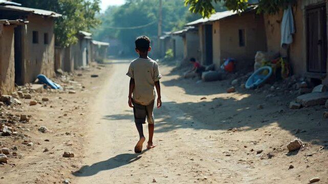 A young boy walks barefoot down a dusty path in a rural village. The  poverty and the simple life in developing countries. Generative AI