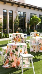 Obraz premium Stunning hyperrealistic cocktail hour with vibrant lawn, elegant tables, and floral decorations.