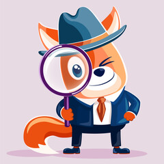 cartoon fox detective in hat with a magnifying glass. funny animal in search. vector illustration