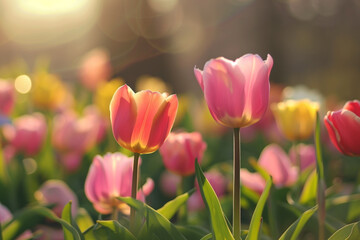 A flower bed with pink tulips in the spring sun rays, bright pink tulip flower background for spring or love designs in sunset sunrise