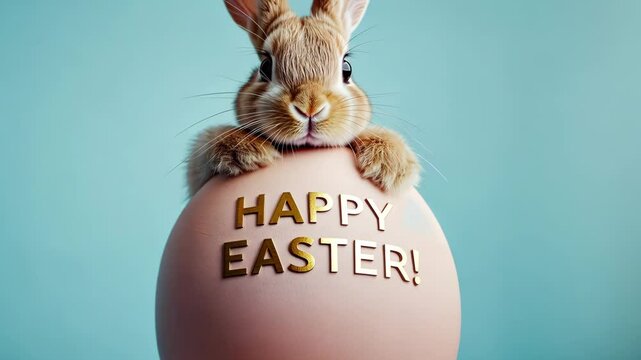 A cute rabbit peeks over a large pastel egg featuring a Happy Easter festive greeting over blue background