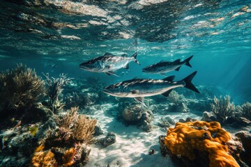 Fototapeta premium Vibrant underwater shot of cobia swimming in coral reef