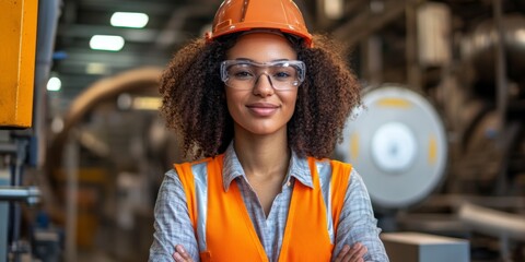 A confident woman wearing safety gear stands in a modern industrial environment. She wears a bright orange vest and hard hat. This image emphasizes professionalism and safety in the workplace. AI