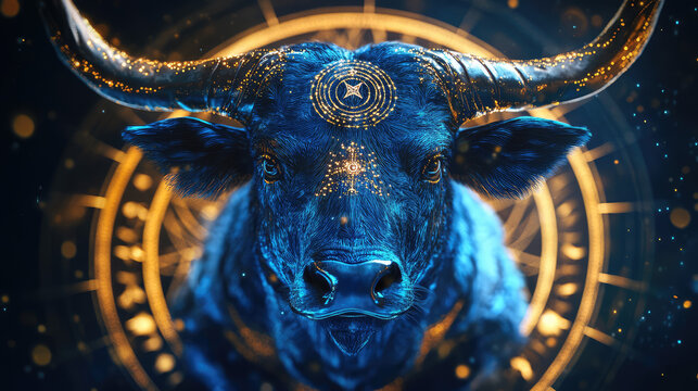 Taurus zodiac sign against horoscope wheel. Astrology calendar. Esoteric horoscope and fortune telling concept