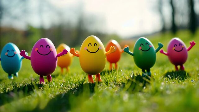 Colored Easter eggs with smiling faces are joyfully walking in a sunny grassy area, creating a cheerful outdoor atmosphere